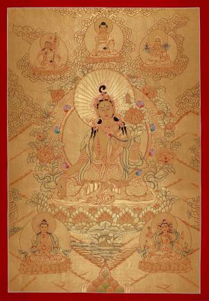 Original Hand-Painted Gold Style White Tara Flanked with other Bodhisattva | Female Bodhisattva
